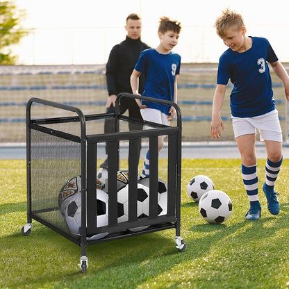 STO STO 2 Pack Rolling Sports Ball Storage Cart, Lockable Basketball Cage with Elastic Straps, Sport Equipment Holder Organizer for Indoor Outdoor, Steel Storage Rack for Playgroud and Gym, Black