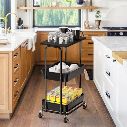 Simple Houseware 2-Tier Rolling Utility Cart with Lockable Wheels and Wood Top, Metal Storage Organizer Trolley for Kitchen, Bathroom, Office, Craft Room, Black