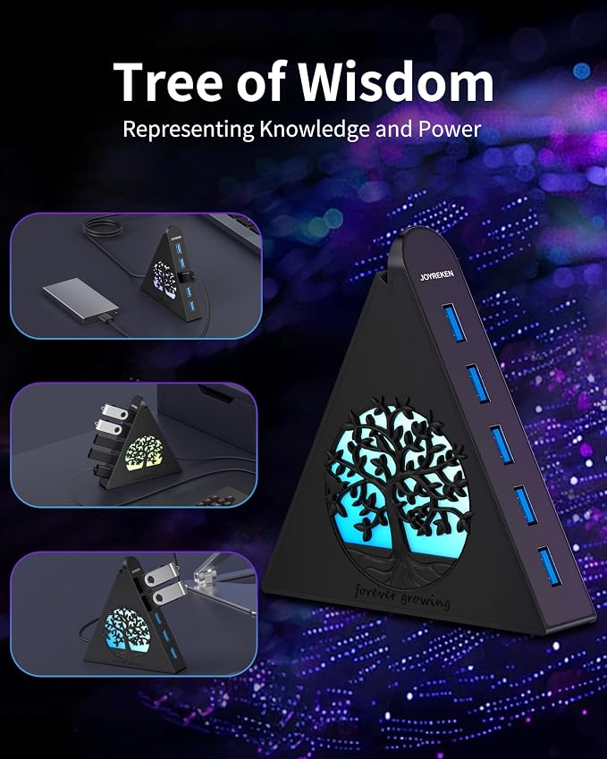 7-Port USB 3.0 Hub, Vertical USB Hub Splitter with RGB Lighting, 5Gbps High-Speed Data Transfer and 2FT Extension Cable, Compatible with Laptop, PC, Desktop, MacBook, PS5, Xbox, Flash Drive