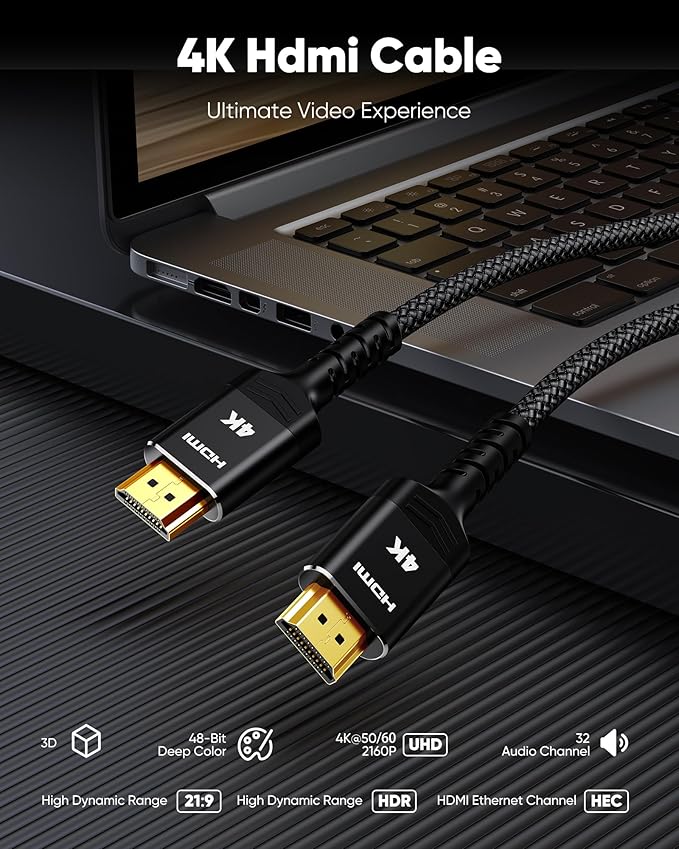 Highwings 4K HDMI Cable 5FT/1.5m - 4K@60Hz HDR Braided HDMI Cord, 18Gbps High Speed with Ethernet/ARC, 3D, HDCP 2.2, ARC, Compatible for PS-5/4/3/4K HDTV/Monitor/Projector/Streaming Media