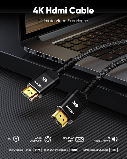 Highwings 4K HDMI Cable 23FT - 4K@60Hz HDR Braided HDMI Cord, 18Gbps High Speed with Ethernet/ARC, 3D, HDCP 2.2, ARC, Compatible for PS-5/4/3/4K HDTV/Monitor/Projector/Streaming Media