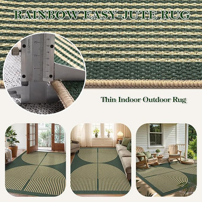 Lahome Enfys Modern Rainbow Easy Jute Indoor Outdoor Rugs, 5x7 Dark Green Rug for Living Room Office, Farmhouse Non Slip Non Shedding Floor Carpet for Dining Room Deck Sunroom