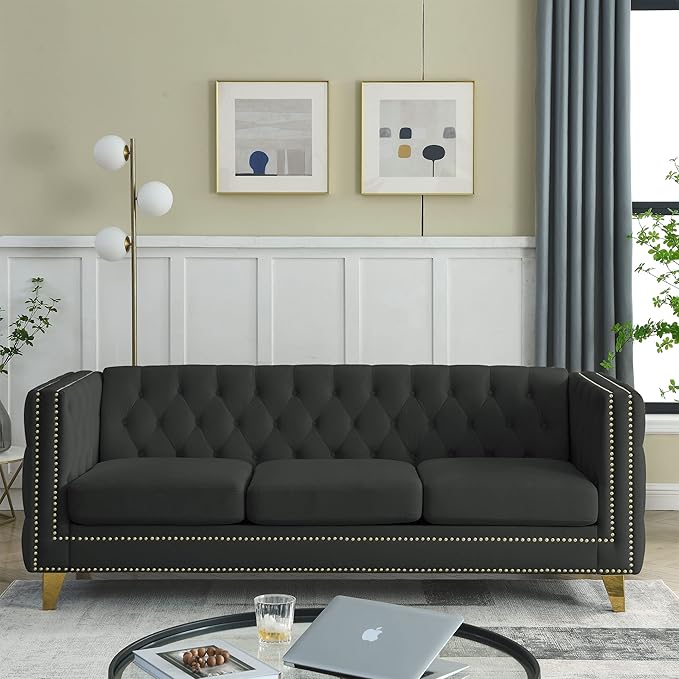 mikibama 80.5" Velvet 3 Seater Sofa Couch for Living Room,Button Tufted 3-Seat Couches with Nailhead Trims,Modern Upholstered Sofas with Golden Metal Legs for Bedrooom,Office