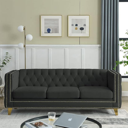 mikibama 80.5" Velvet 3 Seater Sofa Couch for Living Room,Button Tufted 3-Seat Couches with Nailhead Trims,Modern Upholstered Sofas with Golden Metal Legs for Bedrooom,Office