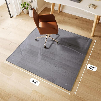 Glass Chair Mat 48" x 48" Heavy Duty Tempered Glass Office Chair Mat, Glass Floor Mat with Round Corner and Polished Edge for Smooth Glide, Office Chair Mat for Carpet, Hardwood Floor, Grey