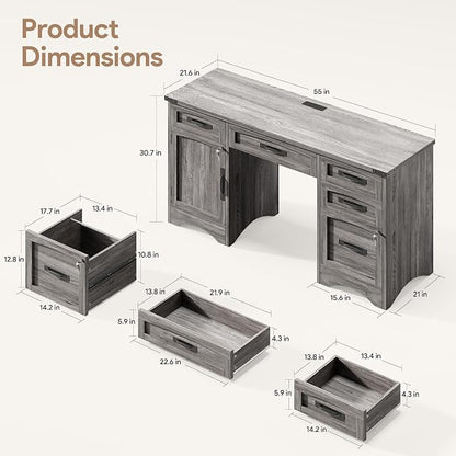 Decofy Farmhouse Executive Desk with Drawers, 55" Home Office Desks with Fast Charging Station, Lockable File Cabinet, Wood Writing Computer Desk for Work, Study, Grey