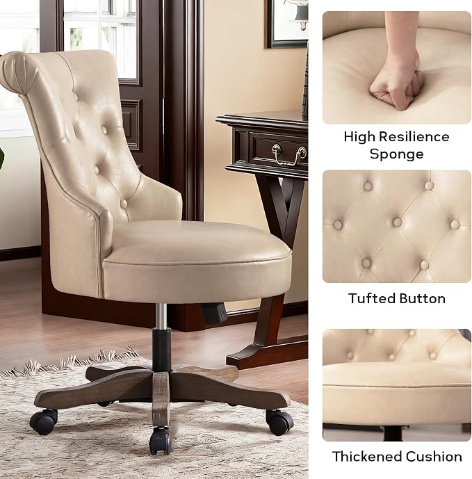 HUIMO Home Office Chair Upholstered PU Leather Armless Desk Chair with Wheels Adjustable Height Computer Desk Chair with Wooden Legs Comfortable Swivel Chair for Home Office Study Studio (Light Taupe)