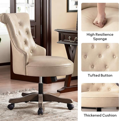 HUIMO Home Office Chair Upholstered PU Leather Armless Desk Chair with Wheels Adjustable Height Computer Desk Chair with Wooden Legs Comfortable Swivel Chair for Home Office Study Studio (Light Taupe)
