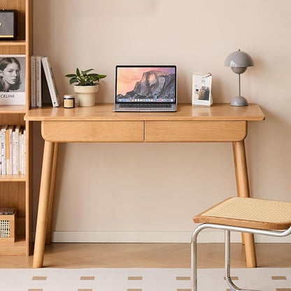 Solid Wood Desk, Mid Century Modern Home Office Desk, Computer Desk with Drawer for Writing Study Vanity 41.33" W