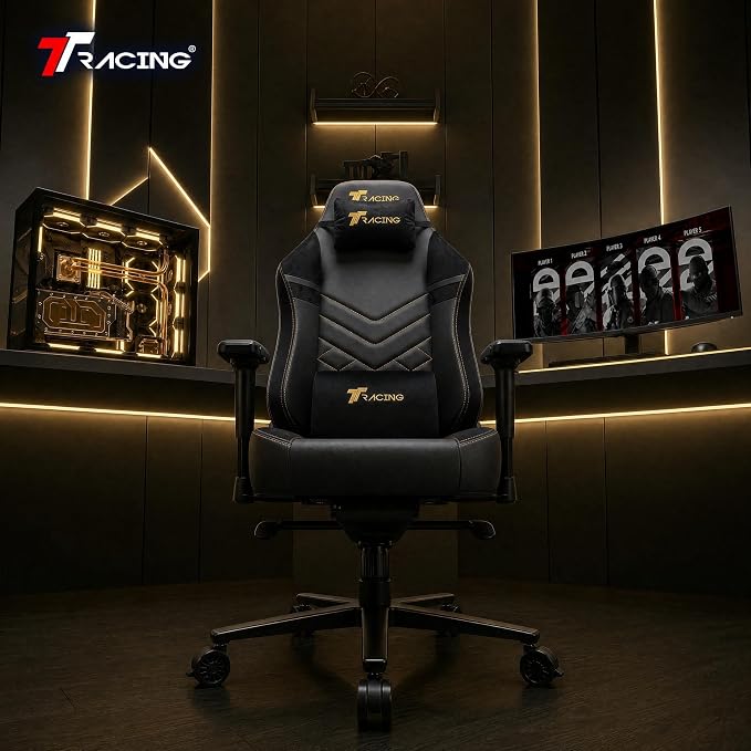 TTRACING Maxx Ergonomic Gaming Chair with 440 lbs Capacity | PU faux leather and velour seat for PC desk setup. Features stable aluminum base, 4D armrests, and 155° recline.