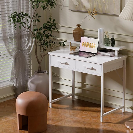 Pamray 32 Inch Small Computer Desk with Monitor Stand Home Office Desks with 2 Drawers for Bedroom Study Writing and Work Table for Small Spaces White