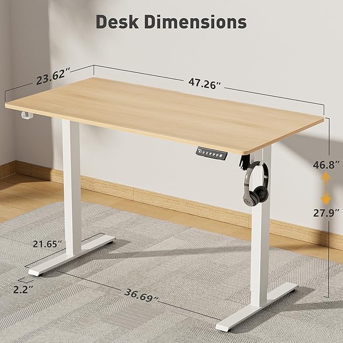 48x24 in Electric Standing Desk,Adjustable Height with Wheels,Oak | Spliced Desktop,27.9"–46.8" Height Range,4 Memory Presets,Lockable Wheels,Headphone Hook,Sit Stand Desk,Home Office