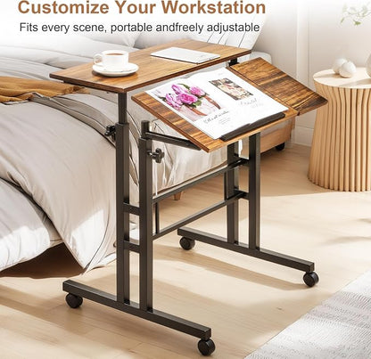 VECELO Mobile Small Standing Desk Adjustable Height, Computer Workstations with Tiltable Tabletop, Lockable Wheels, Portable Rolling Laptop Desk for Home Office, Brown