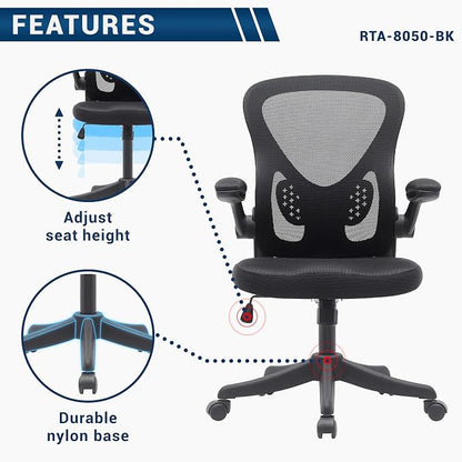 Ergonomic Office Chair with Mesh Back Rest Lumbar Support Flip Up Arms and Swivel, Mid-Back Task Home Office Chair