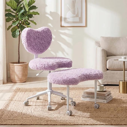 Cross Legged Office Chair with Wheels, 360 Swivel Height-Adjustable Meditation Chair with Lumbar Support, Artificial Rabbit Hair Fabric, Violet
