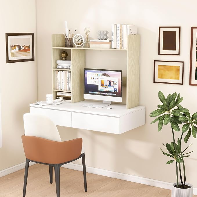 FTZxHKLX Desktop Bookshelf, 37.4’’ Wooden Desk Storage Hutch with 3 Shelves,4 Tier Multipurpose Display Shelf with Storage, Wooden Desk Shelf Organizer for Computer Desk, College Dorm, Office, Home