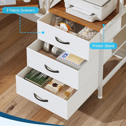 YOMILUVE Small Corner Desk with Drawers, Corner Gaming Desk with Power Outlets & Printer Shelf for Small Space, Triangle Computer Desk with LED Lights, Keyboard Tray and Monitor Stand, Brown and White