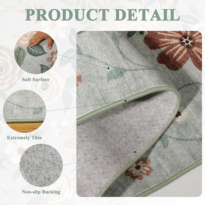 DUKINO 4x6 Feet Office Chair Mat, Lightweight Non Slip Washable Floral Area Rug, Indoor Low Pile & Non-Shedding Boho Design Rugs for Bedroom, Living Room, Dining Room, Sage Green