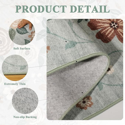DUKINO 4x6 Feet Office Chair Mat, Lightweight Non Slip Washable Floral Area Rug, Indoor Low Pile & Non-Shedding Boho Design Rugs for Bedroom, Living Room, Dining Room, Sage Green