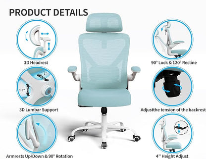 Ergonomic Office Chair: Computer Desk Chair Comfy Gaming Chair for Adults - Office Chair with Lumbar Support & Headrest - Executive Office Rolling Chairs for Home Work (Lake Blue)