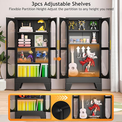 PAOFIN 47" H Locking Display Cabinet with Glass Door, Metal Cabinets with 3 Adjustable Shelves, Cabinet Display Case for Living Room, Collectibles, Clinic, Home - Assembly Required Black