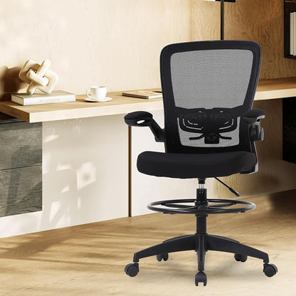 BestOffice Drafting Chair Tall Office Chair Adjustable Height with Lumbar Support Flip Up Arms Footrest Mid Back Task Mesh Desk Chair Computer Chair Drafting Stool for Standing Desk (B-Black)