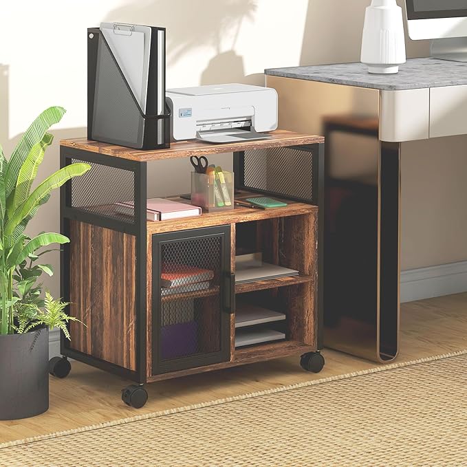 Vinsetto Printer Stand Table with Socket and USB Charging Ports, Industrial Mobile File Cabinet with Cable Hole, Wheels, Adjustable Shelf, Filing Cabinet for Home Office, Rustic Brown