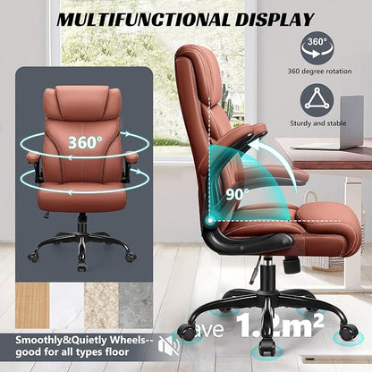 HeroSet Office Chair, Ergonomic Big and Tall Computer Desk Chairs, Executive Breathable Leather Chair with Adjustable Flip-up Armrests, Lumbar Support Swivel PC Chair with Rocking Function,Matte Brown