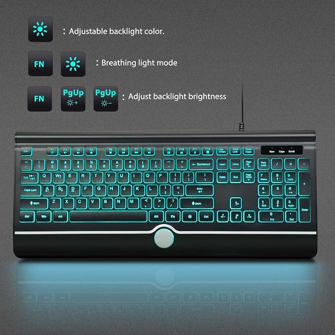 Wired Keyboard and Mouse Combo, Backlit Computer Keyboards with Wrist Rest, Light Up Keyboard Easy to See, 7-Color Backlit Keyboard and Optical Mouse for Windows, PC, Laptop, USB Plug and Play