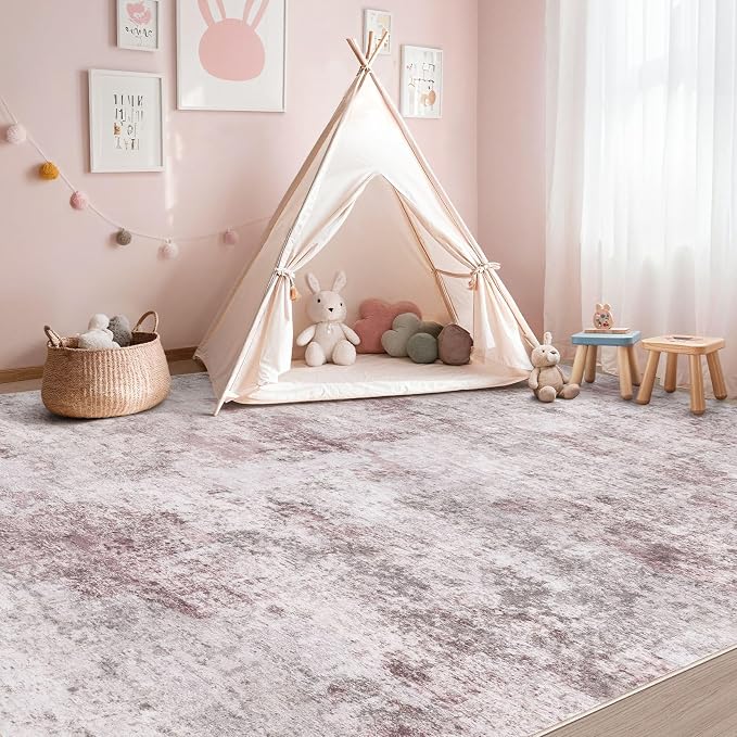 UERMEI 9x12 Washable Area Rug - Neutral Modern Abstract Living Room Rugs, Non-Slip Soft Large Indoor Floor Carpet for Bedroom Home Office & Under Dining Table Decor, Pink Grey