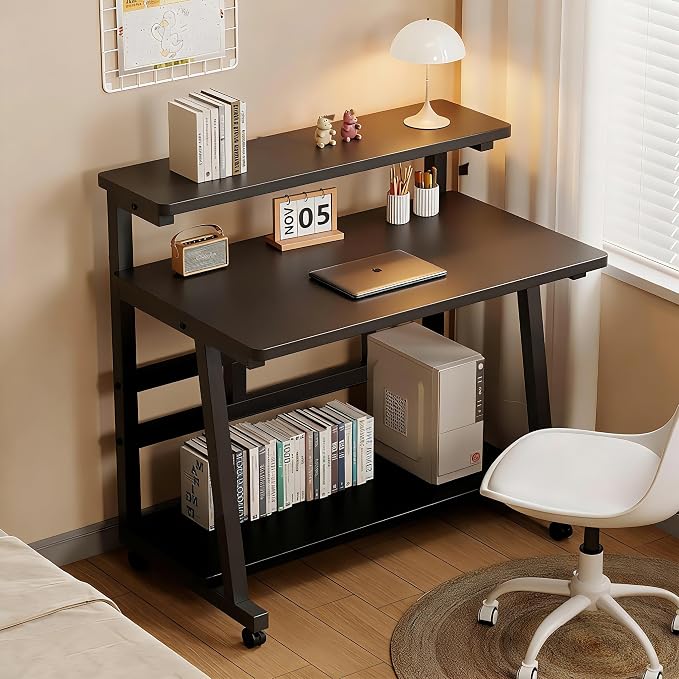 31.5 Inch Rolling Computer Desk for Small Spaces, Monitor Stand & 3-Tier Storage with Lockable Wheels, Easy Assembly for Bedroom, Dorm & Apartment