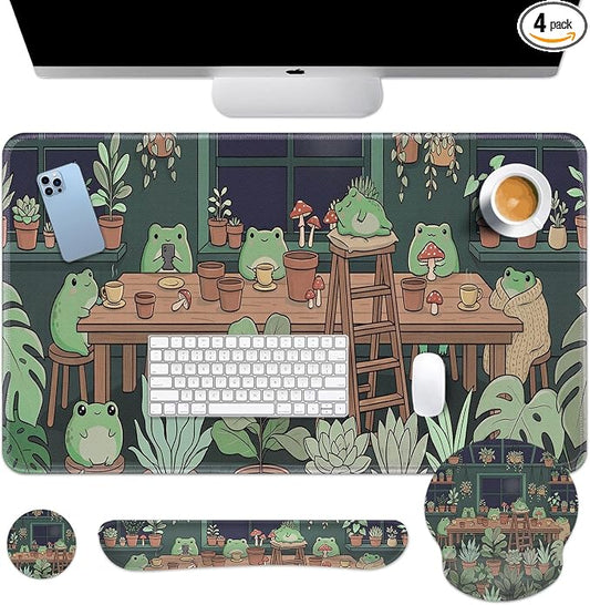 Britimes Cute Frog Summer Keyboard Mouse Pad Set Kawaii Green 4in1 Large Mousepad+Keyboard Wrist Rest+Mouse Wrist Rest+Coaster Ergonomic Design for Home Office Computer 35.4x15.7 inches
