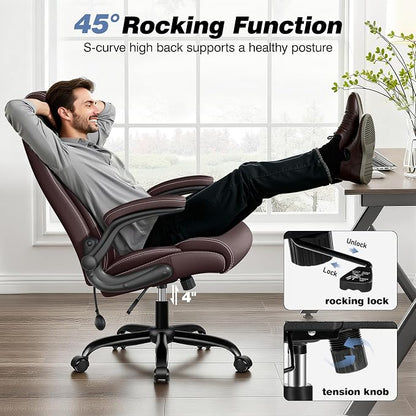BESTFAIR Ergonomic Office Chair, Inflatable Lumbar Support High Back Coffee | Adjustable Lumbar For Custom Comfort, Padded Flip-Up Arms, 21" Wide Seat, Scratch-Resistant Pu Leather, Rocking & Heavy-Duty