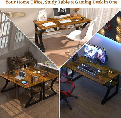 47'' Computer Desk Home Office Desk, Modern Computer Desk w/U Shaped Metal Frame, Storage Shelves, PC Table Study Writing Desk Workstation for Home Office (47inch/Brown)