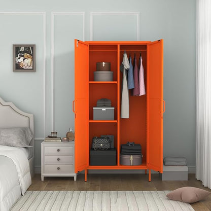 Metal Storage Wardrobe Cabinet with Lock, 67" Armoire Storage Cabinets Locker with Shelves and Hanging Rod, Steel Freestanding Metal Locker for Home Bedroom Orange 67" H X 31.5" W X 18.1" D