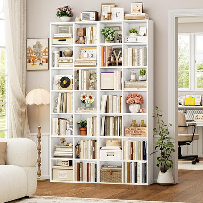 FOTOSOK 71'' Tall Bookshelf with 14 Cubes, 7 Tier Double Wide White Bookshelf with 6 Adjustable Shelves, 19.6" Narrow Bookcase DVD/CD Media Storage, Space Saving Display Shelf Cabinet, White