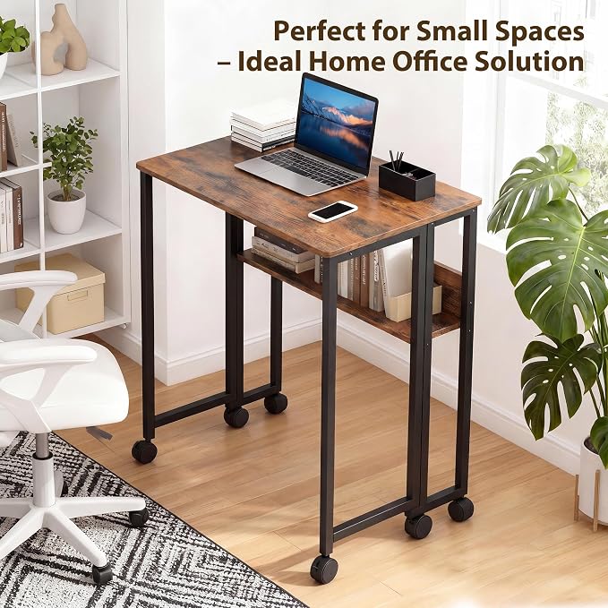 Folding Desk with Storage Shelf, 24.8 Inch Foldable Computer Table with Wheels for Small Spaces,Space Saving Sofa Table for Couch, Rolling Writing Work Office Computer Desk, Easy to Fold,Walnut