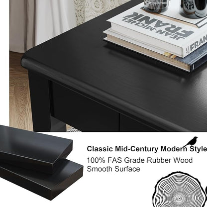 Solid Wood Desk with Drawers - 39 x 16 Inch Simple Narrow Desks, Rubber Wood Study Table, Small Writing Desk for Small Spaces|Bedroom - Modern Black Desks