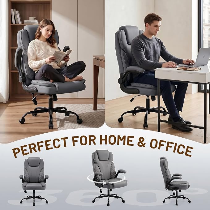 Ergonomic Office Chair, PU Leather High Back Executive Chair with Adjustable Inflatable Lumbar Support and Padded Flip-Up Arms, Recline Swivel Task Computer Chair for Home Office, Gray