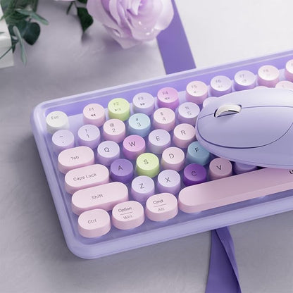 Wireless Keyboard and Mouse, Colorful 104-Key QWERTY with Round Keys, Phone Holder, Wrist Rest, Power Buttons, 2.4GHz USB for PC Laptop (Purple Colorful)