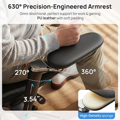 Ergonomic Office Chair with Adaptive Dual-Wing Lumbar Support - Over 10 Hours Sitting Comfortable Mesh Big and Tall Home Desk Chair, 4D Headrest, 630° Armrst, Seat Depth Adjustable