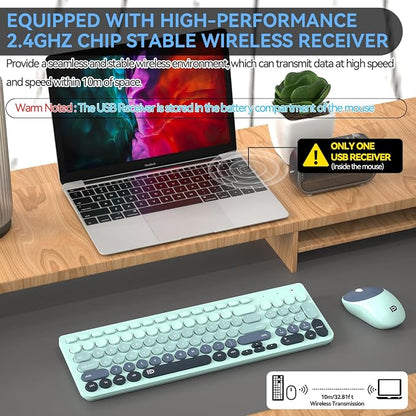 Wireless Keyboards Mouse Combos, Colorful Cute Typewriter Full-Size Retro Round Keycaps, 2.4GHz Cordless Connection Sleep Mode Office Wireless Keyboard and Mouse Set for Desktop Laptop PC Computer