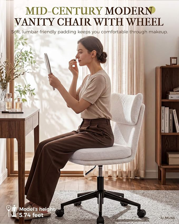 COMHOMA Home Office Desk Chairs with Ergonomic Curved Backrest, Mid Century Modern Vanity Chair with Wheel for Bedroom, Chenille Upholstered, White
