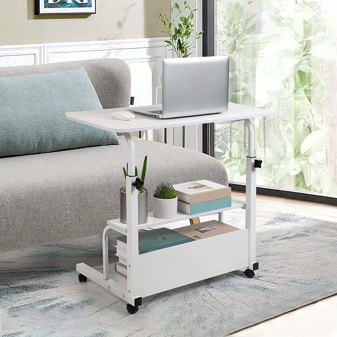 Laptop Desk Removable and Adjustable Height Table for Bedroom Bedside, Office Desk Home Writing Desk, Small Standing Desks with Storage TV Tray Table, Size 31.5 Inch White