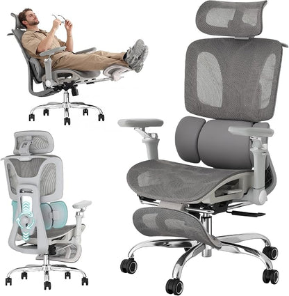 Ergonomic Office Chair with 3-Zone Dynamic Lumbar Support, Big and Tall Office Chair with Footrest, Adjustable Seat Depth,4D Headrest,6D Armrests, Swivel Executive Chair for Home Office,Grey