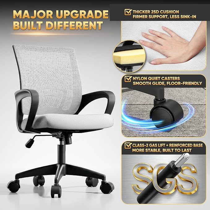 Magshion Ergonomic Office Desk Chair, Mid-Back Mesh Computer Chair, Swivel Chair with Breathable Backrest & Lumbar Support, Adjustable Height for Gaming, Work, Study, 300 Lbs Capacity, White