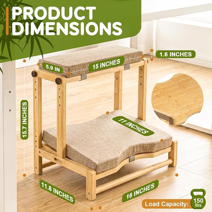 Two-Tier Bamboo Desk Footrest, Adjustable Ergonomic Leg Rest with Cushion | Adjustable 4 Heights Leg Rest with Removable Cushion, Wide Ergonomic Platform Ideal for Office, Gaming, and Study