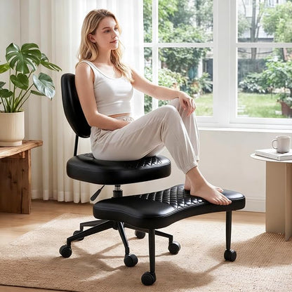 Cross Legged Office Chair with Wheels, 360 Swivel Height-Adjustable Meditation Chair with Lumbar Support, PU Leather, Black