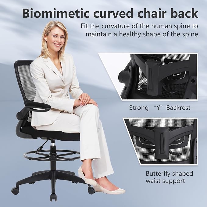 BestOffice Drafting Chair Tall Office Chair Adjustable Height with Lumbar Support Flip Up Arms Footrest Mid Back Task Mesh Desk Chair Computer Chair Drafting Stool for Standing Desk (B-Black)