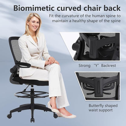 BestOffice Drafting Chair Tall Office Chair Adjustable Height with Lumbar Support Flip Up Arms Footrest Mid Back Task Mesh Desk Chair Computer Chair Drafting Stool for Standing Desk (B-Black)
